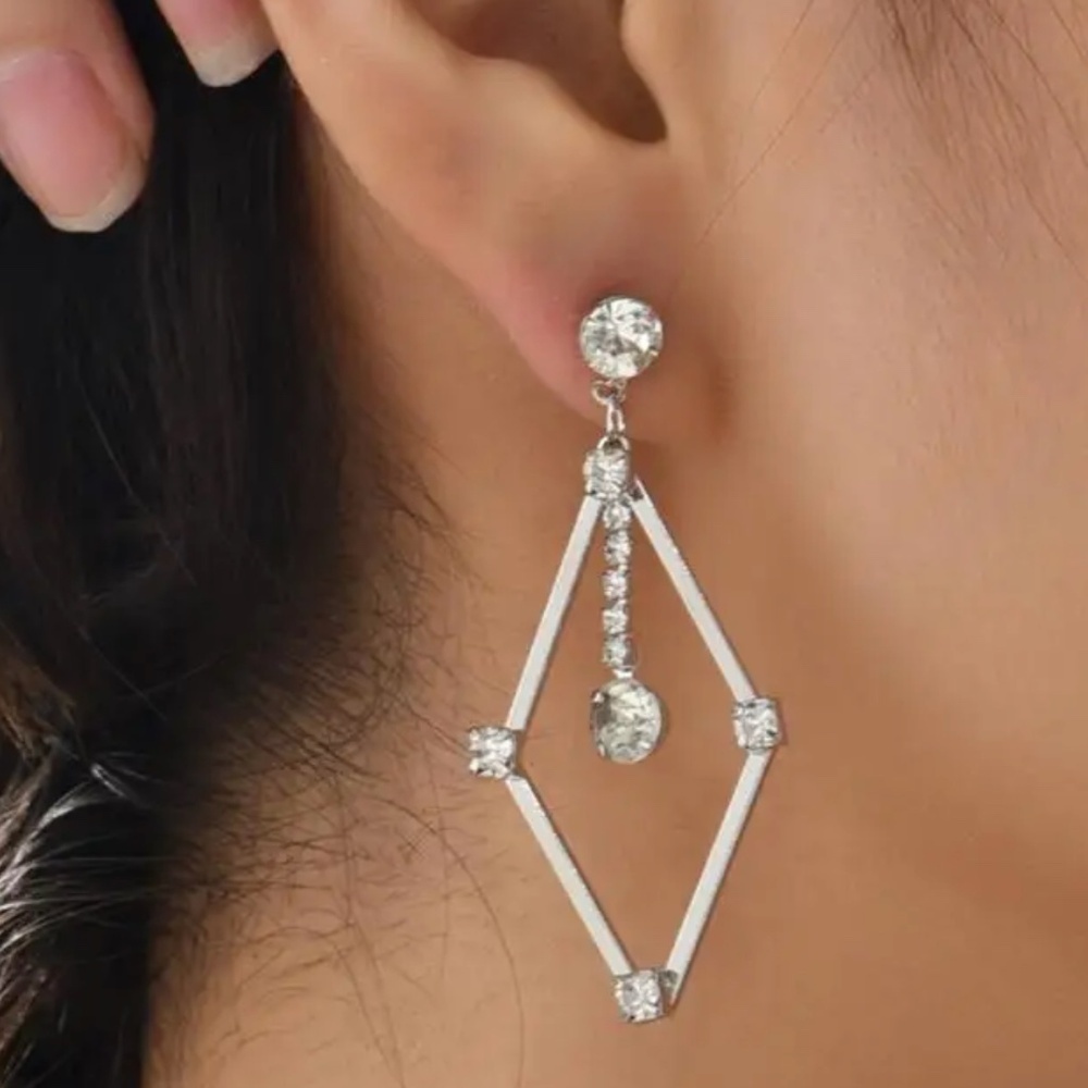 Geometric Drop Earrings with Clear Crystals – Elegant 2" Long Statement Dangle